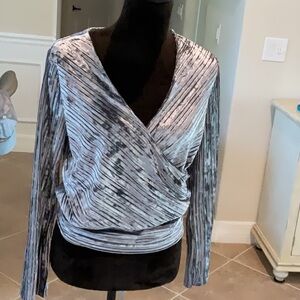 Tahari crushed velvet wrap top, gray, size medium